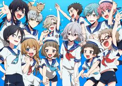  6+boys :d ;d ahoge akita_toushirou animal animal_on_head aqua_hair atsushi_toushirou bad_id bad_pixiv_id black_hair blonde_hair blue_eyes brown_eyes brown_hair dress fox glasses gokotai grey_hair hair_over_one_eye hakata_toushirou hat hirano_toushirou holding_hands honebami_toushirou ichigo_hitofuri interlocked_fingers maeda_toushirou male_focus midare_toushirou multiple_boys nakigitsune nakigitsune&#039;s_fox namazuo_toushirou on_head one_eye_closed open_mouth otoko_no_ko pink_hair purple_eyes red-framed_eyewear sailor sailor_dress sailor_hat shorts smile touken_ranbu yagen_toushirou yamabukiiro yellow_eyes 