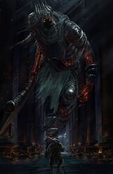  2boys armor burning commentary_request dark_souls_(series) dark_souls_iii from_software giant glowing glowing_eyes highres huge_weapon ishutani multiple_boys siegward_of_catarina storm_ruler_(weapon) sword weapon yhorm&#039;s_great_machete_(weapon) yhorm_the_giant 