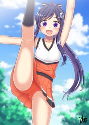  :d anima_yell! arima_hizume arm_up blue_sky blurry blurry_background blush bow cameltoe cheerleader commentary_request day female flat_chest hair_ornament hairbow high_kick highres kicking kneehighs kneepits long_hair looking_at_viewer open_mouth orange_panties orange_skirt outdoors panties pantyshot purple_eyes purple_hair sariri_fudou skirt sky sleeveless smile socks solo standing standing_on_one_leg striped striped_bow underwear very_long_hair 