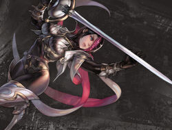  aoin armor blue_eyes boots breastplate breasts commentary_request covered_navel female fiora_(league_of_legends) hair_over_one_eye highres large_breasts league_of_legends multicolored_hair photoshop_(medium) rapier short_hair solo sword thigh_boots thighhighs thighs toned weapon 