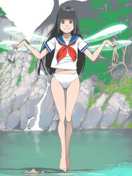  akinbo_(hyouka_fuyou) bad_id bad_pixiv_id barefoot brown_eyes commentary fairy_wings female flying gold_panties grey_panties holding holding_clothes holding_panties holding_underwear honest_axe long_hair original panties pantsumaru_mie parody photoshop_(medium) sailor shirt smile solo underwear unworn_panties water waterfall white_panties white_shirt wings 