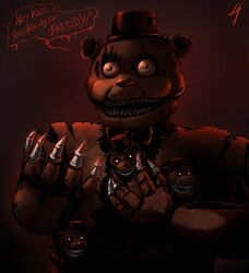  animatronic anthro atlas-white bear bow_(feature) bow_tie claws clothing creepy five_nights_at_freddy&#039;s five_nights_at_freddy&#039;s_4 freddles_(fnaf) glowing glowing_eyes group hat headgear headwear looking_at_viewer machine male mammal nightmare_freddy_(fnaf) nightmare_fuel robot scottgames sharp_teeth soul_piercing_eyes teeth top_hat 