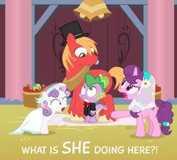  2018 apple bell big_macintosh_(mlp) clothing dialogue dm29 dragon dress english_text equid equine female feral fighting_over_boy food friendship_is_magic fruit green_eyes group hasbro hat headgear headwear horn horse mammal my_little_pony mythological_creature mythological_equine mythological_scalie mythology plant pony purple_eyes scalie size_difference spike_(mlp) sugar_belle_(mlp) sweetie_belle_(mlp) tail text top_hat unicorn veil wedding_dress 