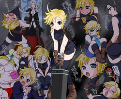  5girls ahoge armor bare_shoulders barret_wallace black_panties blonde_hair blue_legwear blush boots breasts buster_sword cleavage cloud_strife commentary_request crossdressing don_corneo dress final_fantasy final_fantasy_vii genderswap_(mtf) green_eyes large_breasts long_hair multiple_girls okurapuchi panties pauldrons rule_63 sephiroth short_hair shoulder_armor sleeveless sleeveless_turtleneck smirk spiked_hair sweat sword thighhighs trembling turtleneck underwear weapon white_hair wristband zack_fair 