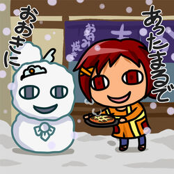  chibi female food hino_akane hino_akane_(smile_precure!) n-master okonomiyaki open_mouth precure red_eyes red_hair smile smile_precure snow snowman 