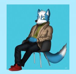  2014 aged_up anthro blue_body blue_fur blue_hair bottomwear canid canine clothing coat cupped_hands footwear fox fur green_eyes gupa507 hair hi_res looking_at_viewer mammal marcus_mccloud multicolored_body multicolored_fur multicolored_tail nintendo pants shirt shoes simple_background smile solo star_fox tail topwear two_tone_body two_tone_fur white_body white_fur 