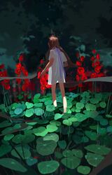  amei_zhao bare_legs barefoot brown_hair cloud cloudy_sky commentary english_commentary facing_away female flower from_behind hollyhock long_hair lotus_leaf naked_shirt night night_sky no_pants original plant purple_ribbon red_flower ribbon shirt sky solo walking 