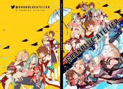  1boy 2girls aqua_jacket armband back_cover bare_shoulders belt belt_buckle bishounen black_belt black_gloves black_tank_top blonde_hair blue_eyes blue_hair blue_pants blue_sky blue_umbrella braiding_hair brown_eyes brown_hair buckle choker closed_eyes cloud collaboration commentary cover cover_page cross_pin denim djeeta_(granblue_fantasy) doujin_cover drooling english_commentary english_text finger_to_mouth fingerless_gloves fishnet_top fishnets full_cover gloves gran_(granblue_fantasy) granblue_fantasy grid_background hairband hairdressing hand_up hen-tie high_collar holding holding_hands holding_umbrella jacket jeans jewelry kanlamari long_hair long_sleeves loose_hair_strand lyria_(granblue_fantasy) mixed-language_text multiple_girls multiple_views necklace necktie one_eye_closed open_clothes open_jacket open_mouth orange_eyes orange_jacket outstretched_arms pants paper_airplane pink_jacket pocket puffy_long_sleeves puffy_sleeves red_choker red_hairband red_jacket red_necktie ribbon-trimmed_collar ribbon-trimmed_sleeves ribbon_trim short_hair shushing sky sleeping smile stomach straight_hair striped_necktie tank_top torn_clothes torn_jeans torn_pants twitter_logo twitter_username two-sided_fabric two-sided_jacket umbrella v very_long_hair vyrn_(granblue_fantasy) white_jacket white_sleeves yellow_background 