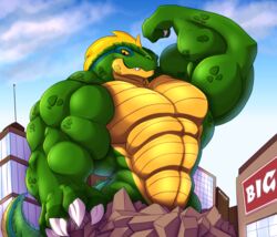  anthro big_biceps big_muscles big_pecs blonde_hair building building_destruction city cloud day destruction eye_scar facial_scar fangs featureless_crotch flexing flexing_bicep foot_on_object frill_(anatomy) green_body green_scales hair head_crest head_frill hi_res koragos koragos_(character) lizardman looking_at_self looking_at_viewer macro male muscular muscular_anthro muscular_arms muscular_male muscular_thighs nude outside pecs quads scales scalie scar sky smile solo tail teeth yellow_eyes yellow_underbelly 