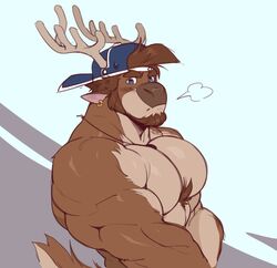  1boy animal_ears antlers backwards_hat bara baseball_cap beard blue_eyes blush brown_hair cheschirebacon chest_tuft dark-skinned_male dark_skin facial_hair from_side full_beard furrification furry furry_male goat_boy goat_ears goat_horns goat_tail hat horns large_pectorals looking_at_viewer looking_to_the_side male_focus mature_male meme muscular muscular_male nude original pectorals puff_of_air ralph_(cheschirebacon) sanpaku short_hair sideburns snout solo thick_eyebrows upper_body 