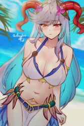  armlet arms_at_sides beach bikini blue_hair blue_sky blush breasts cleavage cloud cowboy_shot curled_horns english_commentary female fire_emblem fire_emblem_heroes flower freyja_(fire_emblem) freyja_(summer)_(fire_emblem) goat_girl goat_horns grey_hair hair_ornament highres horizon horns jewelry large_breasts long_hair looking_at_viewer mature_female multicolored_hair navel official_alternate_costume outdoors pelvic_curtain red_eyes red_horns rotomdocs sideboob sky solo swimsuit twitter_username white_bikini 