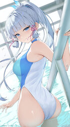  absurdres alternate_costume ass blue_eyes blue_hair blue_one-piece_swimsuit blue_ribbon blunt_bangs blunt_tresses blush bow breasts closed_mouth commentary_request competition_swimsuit female floating_hair flower_knot from_behind genshin_impact hair_ornament hair_ribbon hair_tubes hand_on_railing highleg highleg_swimsuit highres indoors kamisato_ayaka light_blue_hair long_hair looking_at_viewer mole mole_under_eye one-piece_swimsuit pink_bow pink_ribbon ponytail pool pool_ladder rei_no_pool ribbon rosumerii smile solo swimsuit twisted_torso two-tone_one-piece_swimsuit wading white_hair white_one-piece_swimsuit window 