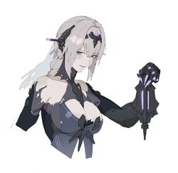  arm_up armpit_crease bianca:_stigmata_(punishing:_gray_raven) bianca_(punishing:_gray_raven) black_lips braid breasts cleavage collarbone cropped_torso female grey_hair hair_intakes hairband headgear highres holding holding_lantern lantern large_breasts looking_at_viewer mechanical_arms mole mole_under_eye nainainainainaiya pale_skin punishing:_gray_raven purple_eyes simple_background solo torn_clothes veil white_background 