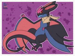  2023 4:3 abstract_background black_body blue_body blue_tongue chest_tuft claws generation_6_pokemon hi_res long_tail nintendo noivern pink_claws pokemon pokemon_(species) red_eyes signature solo syngie tail tongue tuft wings yellow_sclera 