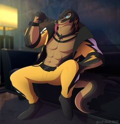  2023 abs absurd_res anthro biceps bottomwear clothed clothing epic_games fingers fortnite furniture hi_res komodo_dragon leo-wolf lizard looking_at_viewer male monitor_lizard muscular muscular_anthro muscular_male open_clothing open_shirt open_topwear pants pecs plantigrade reptile scalie shirt signature sitting smile sofa tail thunder_(fortnite) tongue tongue_out topwear year yellow_bottomwear yellow_clothing yellow_pants 