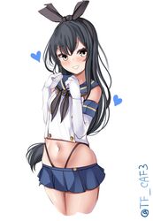  ahoge black_hair black_hairband black_neckerchief black_panties blue_sailor_collar blue_skirt blush commentary_request cosplay cowboy_shot crop_top elbow_gloves female gloves hairband heart highleg highleg_panties highres kantai_collection long_hair looking_at_viewer microskirt mikazuki_(kancolle) navel neckerchief panties sailor_collar shimakaze_(kancolle) shimakaze_(kancolle)_(cosplay) skirt solo striped tf_cafe thong twitter_username underwear white_background white_gloves yellow_eyes 