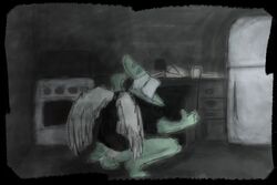  2023 3:2 anthro appliance black_border border cavemanon_studios clothing crouching cupboard detailed_background digital_drawing_(artwork) digital_media_(artwork) dinosaur extinct fang_(gvh) feathered_wings feathers female fingers fridge goodbye_volcano_high grey_body grey_scales hair inside kitchen_appliance oven panties prehistoric_species pterodactylus pterosaur reptile scales scalie searching short_hair silver_hair snoot_game snout solo underwear unknown_artist wings 