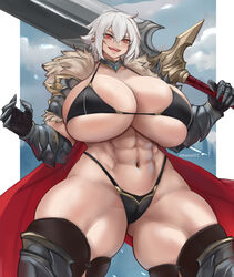  abs armor ass_visible_through_thighs bikini_armor black_armor breasts cape cleavage cloud cloudy_sky commission curvy earclip female fur-trimmed_armor fur_trim gauntlets gigantic_breasts highres holding holding_sword holding_weapon huge_weapon leg_armor looking_at_viewer muscular muscular_female nastart navel original red_cape red_eyes shiny_skin short_hair shoulder_armor skindentation sky solo sword teeth thick_thighs thighs underboob veins veiny_breasts weapon white_hair 