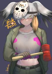  black_hair closed_mouth cosplay english_text female gloves grey_hair grey_shirt hair_between_eyes halloween halloween_costume head_wings highres hockey_mask holding holding_mallet jason_voorhees jason_voorhees_(cosplay) john_(a2556349) kemono_friends kemono_friends_3 long_hair looking_at_viewer mallet mask mask_on_head multicolored_hair paint shirt shoebill_(kemono_friends) solo straight-on torn_clothes torn_shirt toy_hammer trick_or_treat wings 