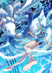  absurdres barefoot black_panties blue_dress blue_eyes blue_hair blue_headwear blue_nails bracelet commentary dress feet female hatsune_miku highres jewelry light_blue_hair long_hair official_alternate_costume open_mouth panties pokemon pokemon_(creature) primarina project_voltage sleeveless soles taiju_(gr09kuma) teeth toes twintails underwear very_long_hair vocaloid water water_miku_(project_voltage) 