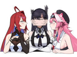  3girls ahoge animal_ear_fluff bare_arms bare_shoulders beret black_gloves black_hair black_hat blue_hair breasts colored_inner_hair commentary dasdokter elizabeth_rose_bloodflame english_commentary gloves goggles goggles_on_head hair_intakes hat highres hololive hololive_english horns large_breasts long_hair looking_at_another motion_blur multicolored_hair multiple_girls nerissa_ravencroft panther_ears pink_hair profile raora_panthera red_eyes red_hair simple_background two-tone_hair virtual_youtuber white_background white_hair yellow_eyes 