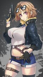  absurdres aviator_sunglasses belt black_bra black_gloves black_thighhighs blue_jacket blue_sky bra breasts brown_hair commission commissioner_upload covered_navel eyewear_on_head female from_side fur-trimmed_collar fur_trim girls&#039;_frontline gloves grizzly_mkv_(girls&#039;_frontline) grizzly_win_mag hand_up highres holding holding_weapon holster jacket large_breasts long_sleeves looking_to_the_side medium_hair midriff navel neck_ribbon open_clothes open_jacket partially_fingerless_gloves pote0508 purple_eyes ribbon shirt short_shorts shorts single_thighhigh skeb_commission sky solo striped_ribbon sunglasses thigh_holster thighhighs trigger_discipline two-tone_gloves underwear weapon white_shirt yellow_gloves 