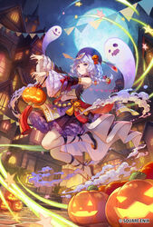  absurdres blue_hair blush braid character_request chinese_clothes dress frilled_dress frills ghost hair_ornament hair_rings halloween halloween_costume happy_halloween hat hat_ornament highres jack-o&#039;-lantern jack-o&#039;-lantern_hair_ornament jiangshi jiangshi_costume kyusoukyu light_blue_hair looking_at_viewer moon official_art ofuda outdoors outstretched_arms pumpkin purple_dress purple_headwear qingdai_guanmao romancing_saga_re;universe smile talisman zombie_pose 