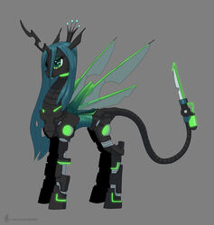  black_body blade carniscorner crown fangs female feral friendship_is_magic green_eyes green_hair grey_background hair hasbro headgear holes_in_body holes_in_horn horn long_hair machine my_little_pony prehensile_tail quadruped queen_chrysalis_(mlp) robot simple_background solo tail teeth wings 