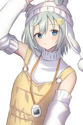  animal_ears arm_up bare_shoulders beanie blue_eyes braid commentary_request detached_sleeves ears_through_headwear female grey_hair hat highres horse_ears horse_girl katuko_deluxe long_sleeves looking_at_viewer overalls pom_pom_(clothes) seiun_sky_(umamusume) short_hair simple_background single_braid sleeveless sleeveless_sweater sleeveless_turtleneck solo sweater tamagotchi tamagotchi_(virtual_pet) turtleneck turtleneck_sweater umamusume white_background yellow_overalls 