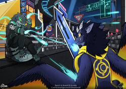  anthro auveiss bag billboard collaboration detailed_background digital_media_(artwork) dreanzwolf duo female fight futuristic hybrid male melee_weapon onx_(elektronxz) reptile road scalie shooting signature sword tail weapon wings 