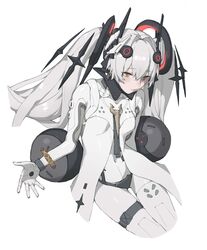  absurdres bodysuit bracelet collar cross-shaped_pupils feet_out_of_frame female floating_hair_ornament floating_headgear hair_between_eyes headgear highres jewelry looking_down luna:_laurel_(punishing:_gray_raven) luna_(punishing:_gray_raven) metal_collar nainainainainaiya orb punishing:_gray_raven simple_background skin_tight skindentation solo symbol-shaped_pupils thigh_strap twintails white_background white_bodysuit white_hair yellow_eyes 