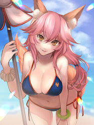  absurdres animal_ear_fluff animal_ears beach beach_umbrella bikini blue_bikini breasts cleavage collarbone commentary day fate/grand_order fate_(series) female fox_ears fox_girl fox_print fox_tail highres large_breasts long_hair looking_at_viewer navel outdoors pink_hair ri-ko side-tie_bikini_bottom solo swimsuit tail tamamo_(fate) tamamo_no_mae_(swimsuit_lancer)_(fate) tamamo_no_mae_(swimsuit_lancer)_(third_ascension)_(fate) umbrella yellow_eyes 