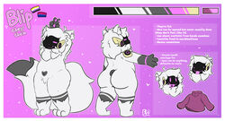  ambiguous_gender anthro ass big_butt big_tail bisexual_pride_colors black_body black_fur blip_(blubread) blubread character_name closed_eyes clothing digitigrade dipstick_tail english_text fur hands_above_head happy heart_(marking) heart_symbol hi_res lgbt_pride machine markings model_sheet mouth_closed multicolored_body multicolored_fur navel nonbinary_(lore) nonbinary_pride_colors nude open_mouth overweight overweight_ambiguous overweight_anthro pawpads paws pride_colors pronouns protogen protogen_visor purple_clothing purple_sweater purple_topwear relaxing signature sweater tail tail_markings text thick_thighs three-quarter_view tongue tongue_out topwear two_tone_body two_tone_fur white_body white_fur 