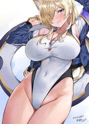  animal_ear_fluff animal_ears blonde_hair blue_archive blue_eyes blush breasts cleavage competition_swimsuit covered_navel female hair_over_one_eye highleg highleg_swimsuit highres holding holding_swim_ring jacket kanna_(swimsuit)_(blue_archive) large_breasts long_hair looking_at_viewer mizuta_kenji official_alternate_costume one-piece_swimsuit open_clothes open_jacket sharp_teeth signature simple_background solo swim_ring swimsuit teeth twitter_username valkyrie_police_academy_swimsuit whistle whistle_around_neck white_one-piece_swimsuit 