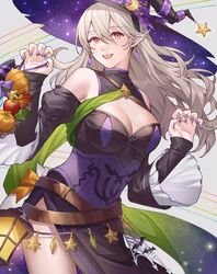  ai_tkkm belt black_dress black_hairband breasts brown_belt cleavage commentary_request corrin_(female)_(fire_emblem) corrin_(female)_(halloween)_(fire_emblem) corrin_(fire_emblem) crossed_belts detached_sleeves dress earrings female fingernails fire_emblem fire_emblem_fates fire_emblem_heroes floating_hair grey_background grey_hair hair_between_eyes hairband halloween halloween_costume hat highres jewelry long_hair looking_at_viewer medium_breasts official_alternate_costume open_mouth pointy_ears purple_nails red_eyes smile solo teeth upper_teeth_only wavy_hair witch witch_hat 