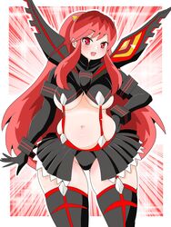  1boy alien ass_visible_through_thighs black_thighhighs breasts cone_horns cosplay cowboy_shot curvy elbow_gloves female garter_straps gloves hand_on_own_hip highres horns kill_la_kill life_fiber living_clothes long_hair looking_at_viewer lum matoi_ryuuko matoi_ryuuko_(cosplay) medium_breasts microskirt midriff multicolored_hair navel oerba_yun_fang oni plump pointy_ears red_background red_eyes red_hair revealing_clothes senketsu showgirl_skirt skirt starry_background thick_thighs thighhighs thighs toyishiki_shizuoka underboob urusei_yatsura 