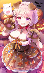  :3 :d absurdres amagasa_noaru animal_ears animal_hands bat_(animal) belt blush bow breasts brooch brown_dress chain_leash chains cleavage collar collarbone cowboy_shot dog_ears dog_hair_ornament dog_tail dot_nose dress dress_bow female ghost gloves hair_intakes hair_ornament heart heart_in_eye heterochromia highres indie_virtual_youtuber jack-o&#039;-lantern jewelry large_breasts leash long_hair looking_at_viewer low_twintails mole mole_on_breast mole_under_eye open_mouth orange_bow paw_gloves paw_pose pink_eyes pink_hair pumpkin purple_eyes red_collar short_dress smile solo sparkle standing star_ornament striped striped_bow symbol_in_eye tail twintails twitter_username virtual_youtuber yobi_(yobiyobi4) 