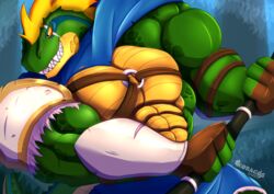  anthro armor barbarian big_muscles big_pecs blue_cape blue_clothing bracers cape clothing digital_media_(artwork) eye_scar facial_scar fingerless_gloves frill_(anatomy) gloves green_body green_scales grin handwear head_crest head_frill hi_res holding_object holding_weapon huge_muscles huge_pecs koragos koragos_(character) leather leather_strap lizardman male melee_weapon muscular muscular_anthro muscular_arms pecs scales scalie scar sharp_teeth shoulder_guards simple_background smile solo straps teeth weapon yellow_underbelly 