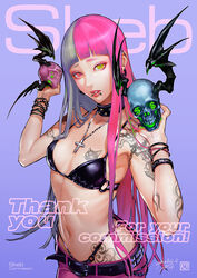  armpit_peek az_pt black_bra black_bracelet black_panties bra cat_tattoo commission cross cross_necklace dollar_sign eyelashes female grey_hair heterochromia highres holding holding_skull jewelry lip_piercing long_hair looking_at_viewer multicolored_hair navel necklace original panties pants piercing pink_eyes pink_hair pink_pants purple_background skeb_commission skull thank_you two-tone_hair underwear very_long_hair yellow_eyes 