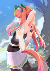  absurdres animal_ears aqua_eyes bare_shoulders black_pantyhose black_tank_top breasts commentary_request doushi_tatsu_to_dekkai_no ear_covers female hairband highres horse_ears horse_girl horse_tail long_hair midriff orange_hair outdoors pantyhose pleated_skirt silence_suzuka_(umamusume) skirt small_breasts solo stretching sweat tail tail_through_clothes tank_top umamusume visible_air white_hairband white_skirt 