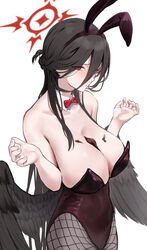  animal_ears black_hair black_pantyhose black_wings blue_archive blush bow breasts brown_leotard chocolate chocolate_on_body chocolate_on_breasts cleavage closed_mouth cowboy_shot detached_collar fake_animal_ears feathered_wings female fishnet_pantyhose fishnets food_on_body halo hasumi_(blue_archive) highres kishiro_(mameyamu_matu) large_breasts leotard long_hair looking_at_viewer pantyhose rabbit_ears red_bow red_eyes red_halo simple_background solo strapless strapless_leotard very_long_hair white_background wings 