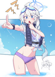  2girls absurdres ahoge ass_visible_through_thighs azu_ankoowl bikini bikini_under_clothes black_vest blue_archive blue_eyes blue_halo blush braid eyewear_on_head fubuki_(blue_archive) fubuki_(swimsuit)_(blue_archive) grey_hair groin hair_between_eyes halo highres index_finger_raised kirino_(blue_archive) kirino_(swimsuit)_(blue_archive) long_hair multiple_girls navel official_alternate_costume open_clothes open_vest purple_bikini see-through see-through_shirt shirt short_sleeves single_braid swimsuit vest wet wet_clothes wet_shirt whistle whistle_around_neck whistling white_shirt 