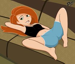  1girls 2009 barefoot belly_button black_tank_top blue_shorts clothed couch darkdp disney disney_channel female female_only fully_clothed green_eyes kim_possible kimberly_ann_possible laying_on_back legs_apart legs_spread navel orange_hair presenting presenting_pussy shorts solo spread_legs tank_top 