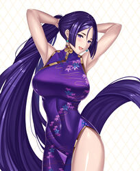  absurdly_long_hair absurdres armpits arms_behind_head arms_up bare_shoulders blush breasts china_dress chinese_clothes closed_mouth commentary_request covered_navel dress earrings fate/grand_order fate_(series) female floral_print hair_between_eyes highres hip_focus jewelry large_breasts long_hair looking_at_viewer minamoto_no_raikou_(fate) minamoto_no_raikou_(traveling_outfit)_(fate) open_mouth parted_bangs photoshop_(medium) purple_dress purple_eyes purple_hair simple_background smile solo takinashi_(friend_coffee) very_long_hair white_background 