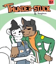  anthro blush buddy_thunderstruck_(character) buddy_thunderstruck_(series) canid canine canis clothed clothing darnell_(buddy_thunderstruck) domestic_dog domestic_ferret duo male male/male mammal mustelid musteline story story_in_description title_card toxoglossa true_musteline weasel 