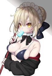  artoria_pendragon_(alter_swimsuit_rider)_(fate) artoria_pendragon_(alter_swimsuit_rider)_(second_ascension)_(fate) artoria_pendragon_(fate) bikini bikini_top_only black_bikini blonde_hair blush braid breasts choker cleavage commentary empty_eyes fate/grand_order fate_(series) female food food_in_mouth hair_bun hair_ribbon highres inuue_kiyu light_brown_hair looking_at_viewer maid_headdress medium_breasts mouth_hold off_shoulder polearm popsicle ribbon ribbon_trim short_hair simple_background single_hair_bun sleeves_past_wrists solo sweat swimsuit upper_body weapon yellow_eyes 