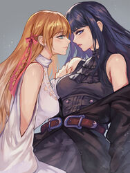  2girls aqua_eyes belt black_dress black_hair blonde_hair blue_eyes blush brown_belt dress duplicate final_fantasy final_fantasy_xiv gaia_(ff14) hair_ribbon highres hyur imminent_kiss indoors kacyu kneeling long_hair long_sleeves looking_at_another looking_at_viewer multiple_girls pixel-perfect_duplicate red_lips ribbon ryne_waters shoulder_grab sitting sweatdrop thighhighs white_dress yuri 