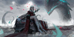  arknights blue_gloves boots character_name clothing_cutout cloud cloudy_sky commentary_request dress female gloves grey_hair highres holding holding_staff lemtun long_hair looking_at_viewer navel_cutout no_headwear outdoors red_dress red_eyes sitting skadi&#039;s_seaborn_(arknights) skadi_(arknights) skadi_the_corrupting_heart_(arknights) sky staff very_long_hair white_footwear 