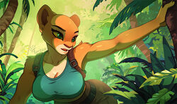  2023 anthro anthrofied arm_tuft belt big_breasts bottomwear breasts cleavage clothed clothing collarbone cosplay crop_top crossover crossover_cosplay disney eyebrows eyelashes felid female forest fur furctose glistening green_eyes jungle lara_croft lion mammal nala_(the_lion_king) open_mouth outside pantherine plant shirt shorts shoulder_tuft solo straps tan_body tan_fur the_lion_king tomb_raider topwear tree tuft yellow_sclera 