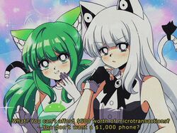  1990s_(style) 2girls android_(os) android_(personification) animal_ears apple_inc. black_eyes black_gloves blunt_bangs blush cat_ears cat_tail commentary criis-chan elbow_gloves english_commentary english_text fake_screenshot fingerless_gloves gloves green_eyes green_hair grin hand_up highres ios_(os) iphone_(personification) long_hair looking_at_viewer merryweather multiple_girls open_mouth original os-tan personification retro_artstyle shirt sidelocks sleeveless sleeveless_shirt smile smug subtitled tail upper_body white_gloves white_hair 